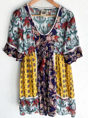 Anthropologie Lilka Patchwork Boho Mini Dress XS Floral Peasant Festival thumbnail 1