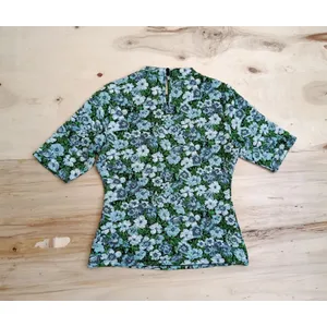 Maeve Anthropologie Floral High Neck Top Blue Green Jacquard Short Sleeve Small thumbnail 7
