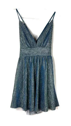 Lulu's Teal Blue Stop The Show Glitter Mini Party Dress V-Neck Womens Large thumbnail 1