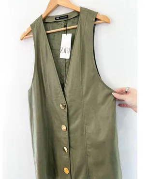 NEW ZARA Faux Leather Pinafore Dress Medium Sage Green Deep V Gold Buttons thumbnail 3
