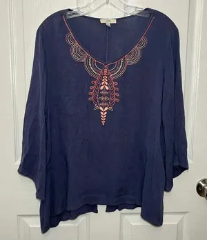KORI AMERICA Navy Embroidered Boho sleeves top | size large thumbnail 1