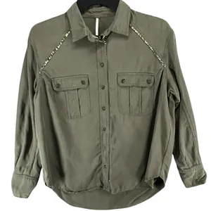 Free People Off Campus Shirt Womens XS Moss‎ Green Tencel Metallic Boho Utility thumbnail 2