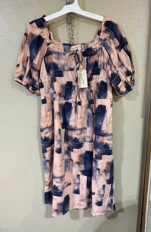 NWT Universal Thread pink & navy smock waist milkmaid midi short sleeve dress L thumbnail 1