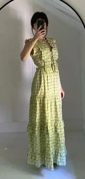 Banjanan Cordelia Floral Tiered Ruffle Midi Dress Yellow Size XS Retail $285 thumbnail 1