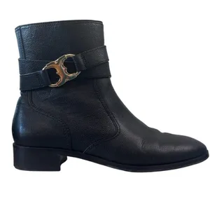 Tory Burch Gemini Link Black Pebbled Leather Ankle Booties Gold Buckle 7.5 thumbnail 1