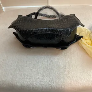 Patent Croc-Embossed Black Shoulder Bag with Silver Hardware thumbnail 3