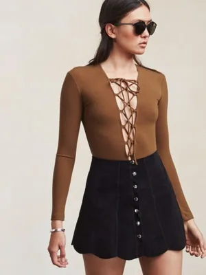 Reformation Avalon Lace Up Cocoa Bodysuit thumbnail 10