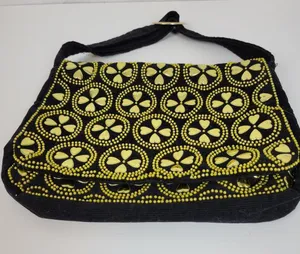 Vintage Retro Womens Bag Black Gold Beaded Studded Corduroy Purse Hong Kong thumbnail 13