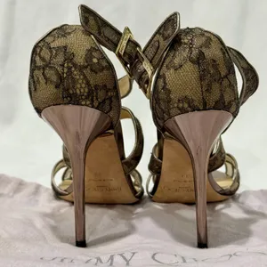 Jimmy Choo Metallic Lace Strappy Stiletto Sandals Heels Size 39 thumbnail 5
