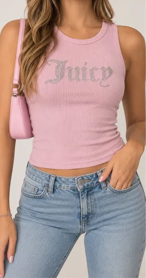 Juicy Couture Pink Rhinestone Logo Ribbed Tank Top Small Y2K Bling thumbnail 1