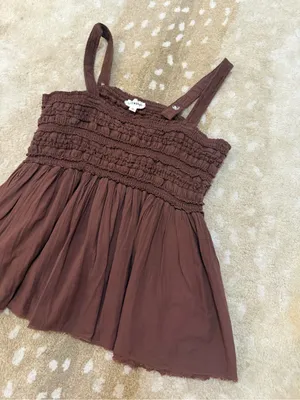 Lucky Brand XL Brown Smocked Babydoll Tank Top Adjustable Straps Boho thumbnail 3