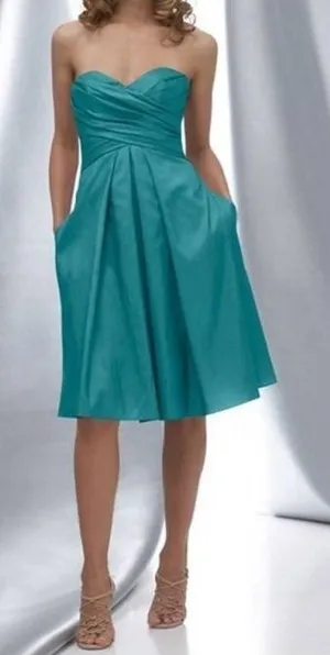 David's Bridal Womens Sz 4 Strapless Dress A-Line Satin Teal Blue Green Cocktail thumbnail 1