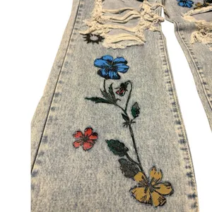 Light Blue Floral Distressed Wide Leg Jeans Size XL (29” Waist) thumbnail 3