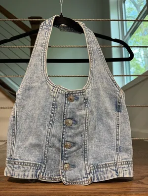 American Eagle Light Wash Denim Button-Front Halter Top medium thumbnail 1