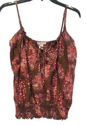 6‎ Degrees Cami Top Brown Boho Paisley Floral Smocked Hem Womens Size L thumbnail 1