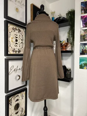 Calvin Klein Cowl Neck Sweater Dress Womens M Medium Taupe Brown Knit Tie Waist thumbnail 2