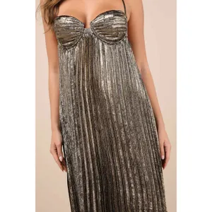 Lulus Brilliant Allure Gold Metallic Lurex Pleated Maxi Dress Formal Glam XS NWT thumbnail 4