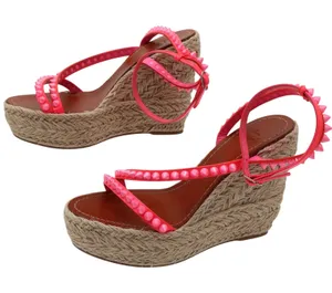 Christian Louboutin Neon Pink Studded Espadrille Wedge Sandals 38 thumbnail 1