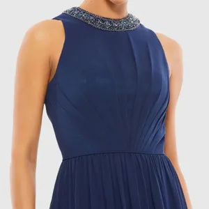 NWT Mac Duggal 55147 Navy Bejeweled Neckline Pleated Chiffon Gown MISMARKED SIZE thumbnail 4