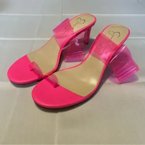 NEW Jessica Simpson Lissah 2 Neon Pink Clear Toe-Loop Slide Heel Size 8.5M thumbnail 6