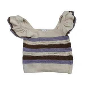 MNG Mango Beige Striped Knit Ruffle Flutter Sleeve Square Neck Cropped Top S thumbnail 4