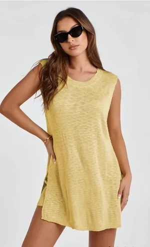 Uaneo 2 Piece Outfit Summer Knit Sweater Set Sleeveless Tunic and short thumbnail 1
