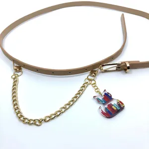 Tan Y2K Bookworm Cat Charm Skinny Chain Belt, Fits 33.5-35 Inches, X7GA1243 thumbnail 7