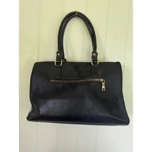 Black Faux Leather Satchel Handbag Gold Hardware Chevron Lining Front Pocket thumbnail 3