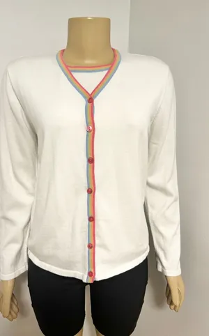 Y2K Sag Harbor Vintage White Rainbow Trim Cotton Cardigan Medium Australia thumbnail 1
