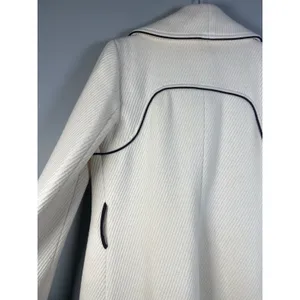 Wool Blend Cream Coat Asymmetrical Zip Front Black Trim Elegant Luxury Sz‎ Large thumbnail 11