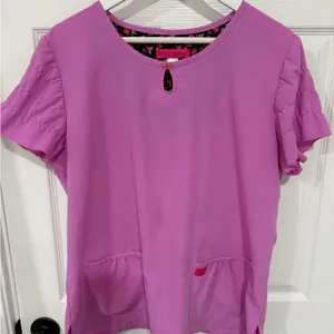 Vibrant Betsey Johnson Fuchsia Ruffle Sleeve Nursing Medical Scrub Top thumbnail 1