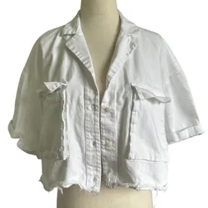 Zara Women Large Crop Denim Shirt Jacket White Button Front Short Sleeve | 14-35 thumbnail 1