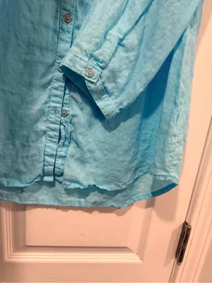 JM Collection Size 14 Aqua Blue Linen Button Down Collarless Beachy Tunic Top thumbnail 5