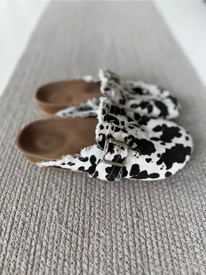 Cow Print Canvas Slip On Slides Mules Clogs in Black and White Size 38 thumbnail 4