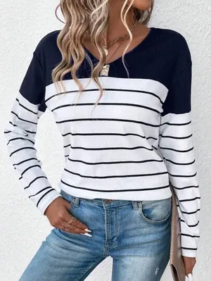 Shein Striped Top White Black Contrast Ribbed Fitted Long Sleeve thumbnail 1