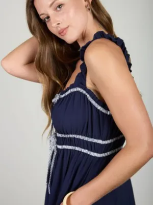 Shirred Stripe Front Tie Sleeveless Midi Dress thumbnail 5