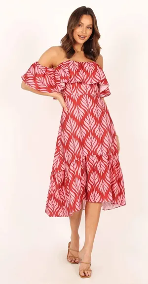 PETAL & PUP Neoma Strapless Patterned Midi‎ Dress Pink Small thumbnail 1