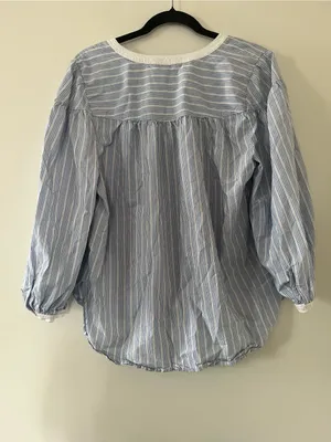 Loft Blue White Stripe Popover Peasant Top Large Coastal Nantucket Euro Summer thumbnail 6