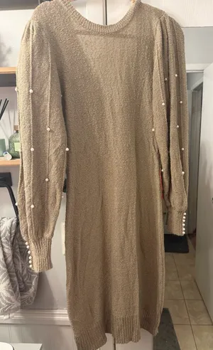 Vintage 70’s Just Mort Beaded Sleeve Knit Sweater Dress - Taupe thumbnail 1