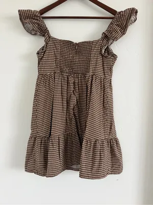Reformation Jeune Dress Size 10 Brown White Gingham Ruffle Mini Dress thumbnail 3