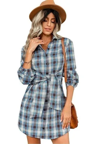 Blue Plaid Flannel Button Front Shirt Dress with Sash Front Tie Casual Western thumbnail 1