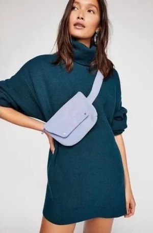 FREE PEOPLE Softly Structured Solid Teal Sweater Turtleneck Tunic Knit Medium thumbnail 1