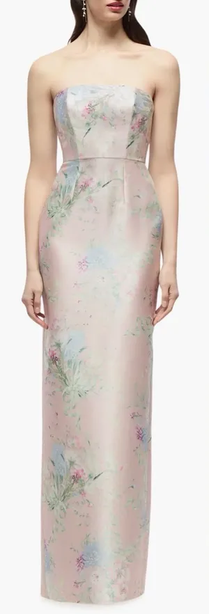 NEW Alfred Sung Jacqueline ESME Floral Pink Strapless Satin Twill Column Gown 8 thumbnail 1