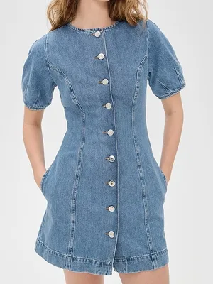 ALIGNE Aurelia Waisted Denim Mini Dress Anthropologie blue button size 12 thumbnail 1