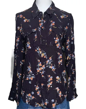 Wrangler Western Shirt Womens XS Black Floral Snap Front LongSleeve Pointed Yoke thumbnail 1