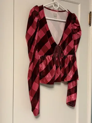 Anthropologie Maeve plaid velvet babydoll top puff sleeves size medium boho thumbnail 4