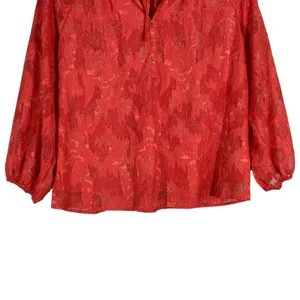 Zac & Rachel Peasant‎ Floral Jacquard Blouse Red Boho Smocked Metallic Size M thumbnail 4