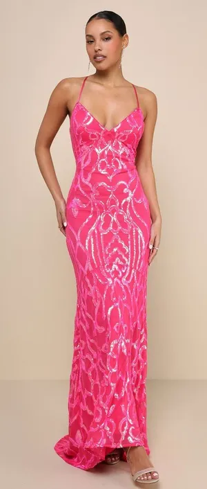 NWT Lulus Perfect Enchantment Hot Pink Sequin Lace-Up Mermaid Maxi Dress Ball XL thumbnail 1