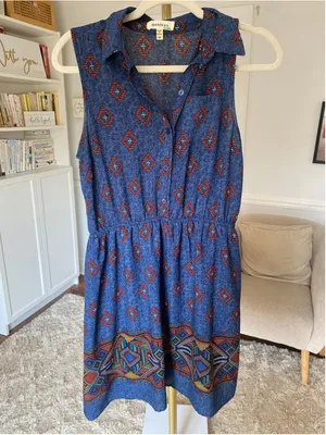 Monteau Geometric Border Mini Dress Boho Festival Southwestern Artisan Desert M thumbnail 2