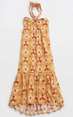 Aerie Orange Ikat Print Braided Halter Midi Dress Smocked Back Small thumbnail 1